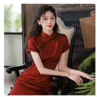 杜艳枝冬季旗袍长袖年轻款年新款名媛气质改良连衣裙冬款加厚小个子 酒红色