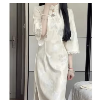 皮尔卡丹改良格纹旗袍连衣裙女秋冬高端小个子毛呢裙子中年女士冬装打底裙 藏蓝